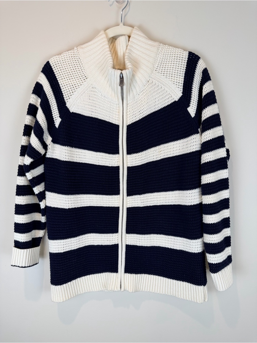 Talbots Navy and White Striped Zip-Front Cardigan Size Medium Petite